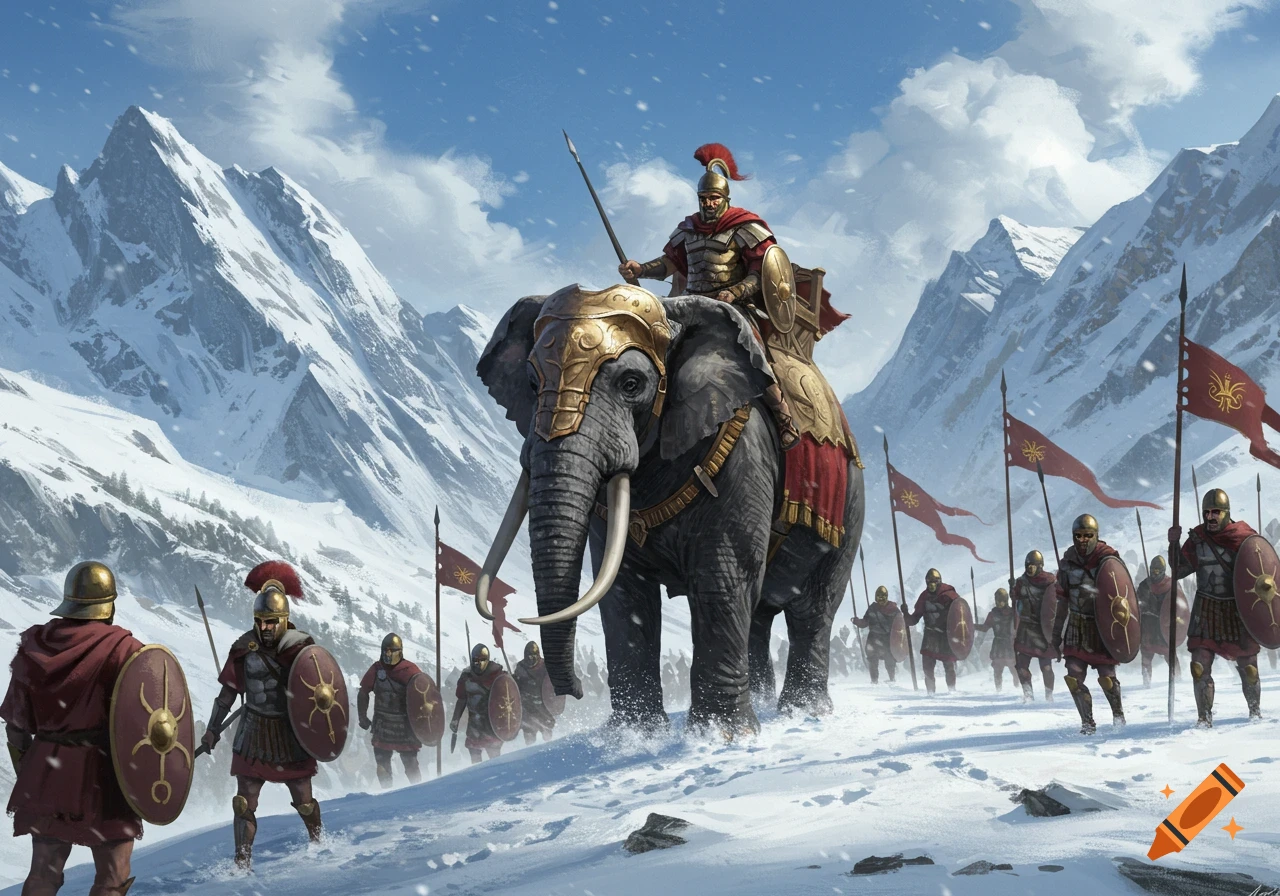 Roman soldiers and an armored elephant with a commander on its back march through a snowy mountain pass under a blue sky.