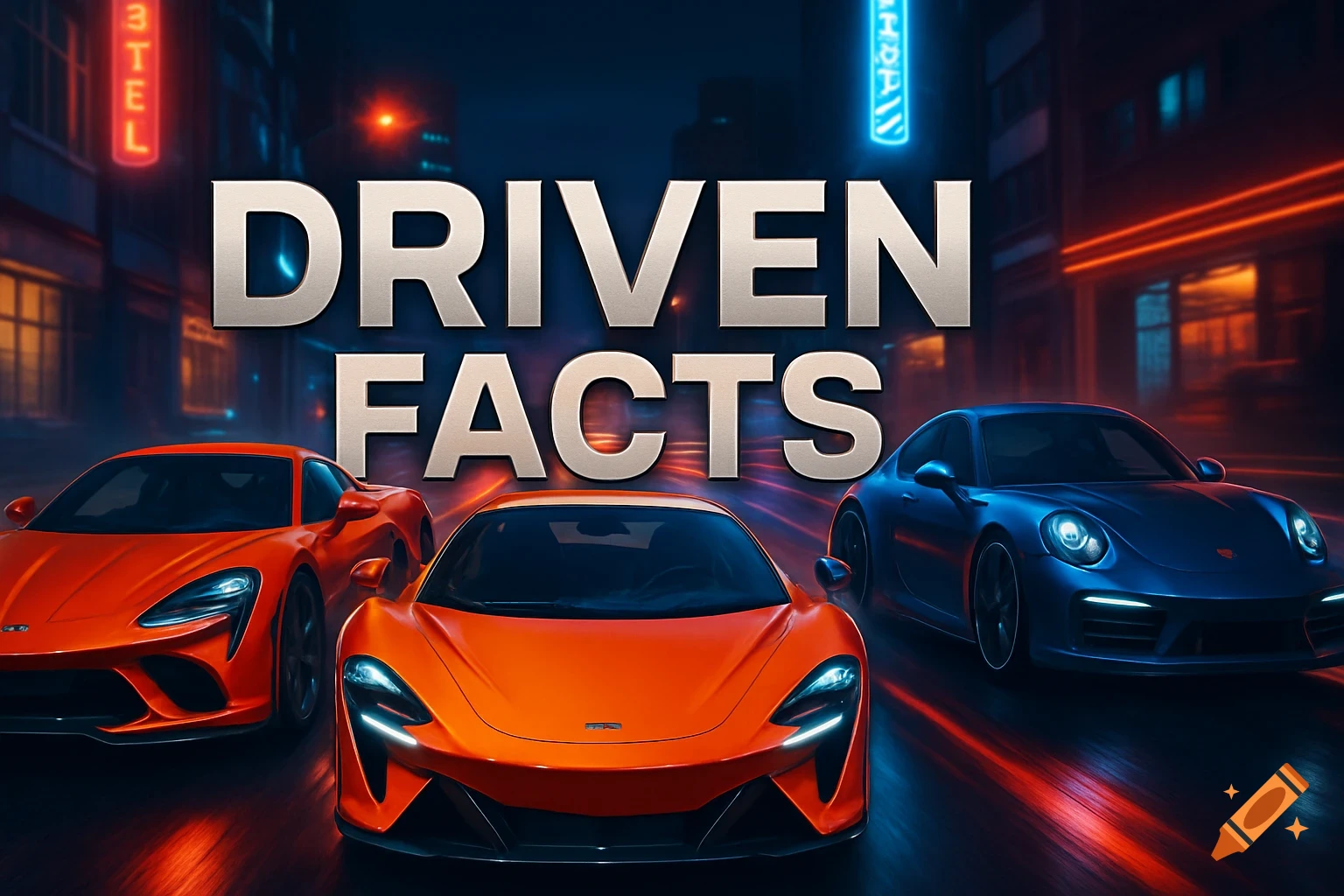 Three sleek sports cars, two orange and one blue, on a wet city street at night, with 'DRIVEN FACTS' text prominently displayed above them.