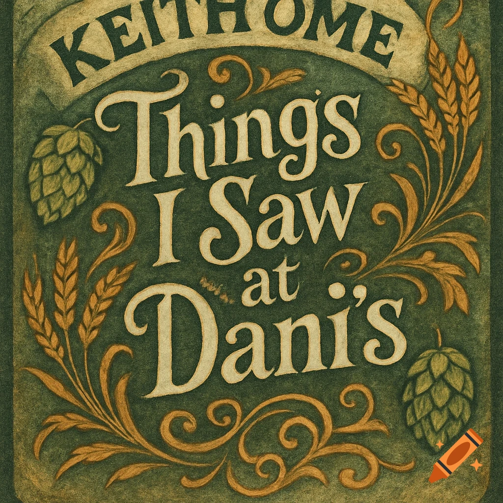 Vintage-style green bottle label with cream text 'KEITH TOME' and 'Things I Saw at Dani's', decorated with golden hops and wheat.