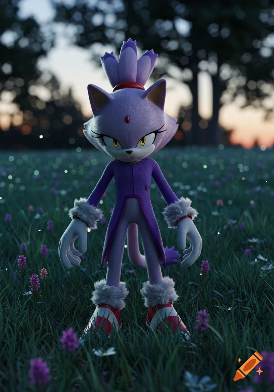 Blaze the Cat stands in a field of green grass and small purple flowers at dusk, with trees in the background, in a photorealistic 3D style.
