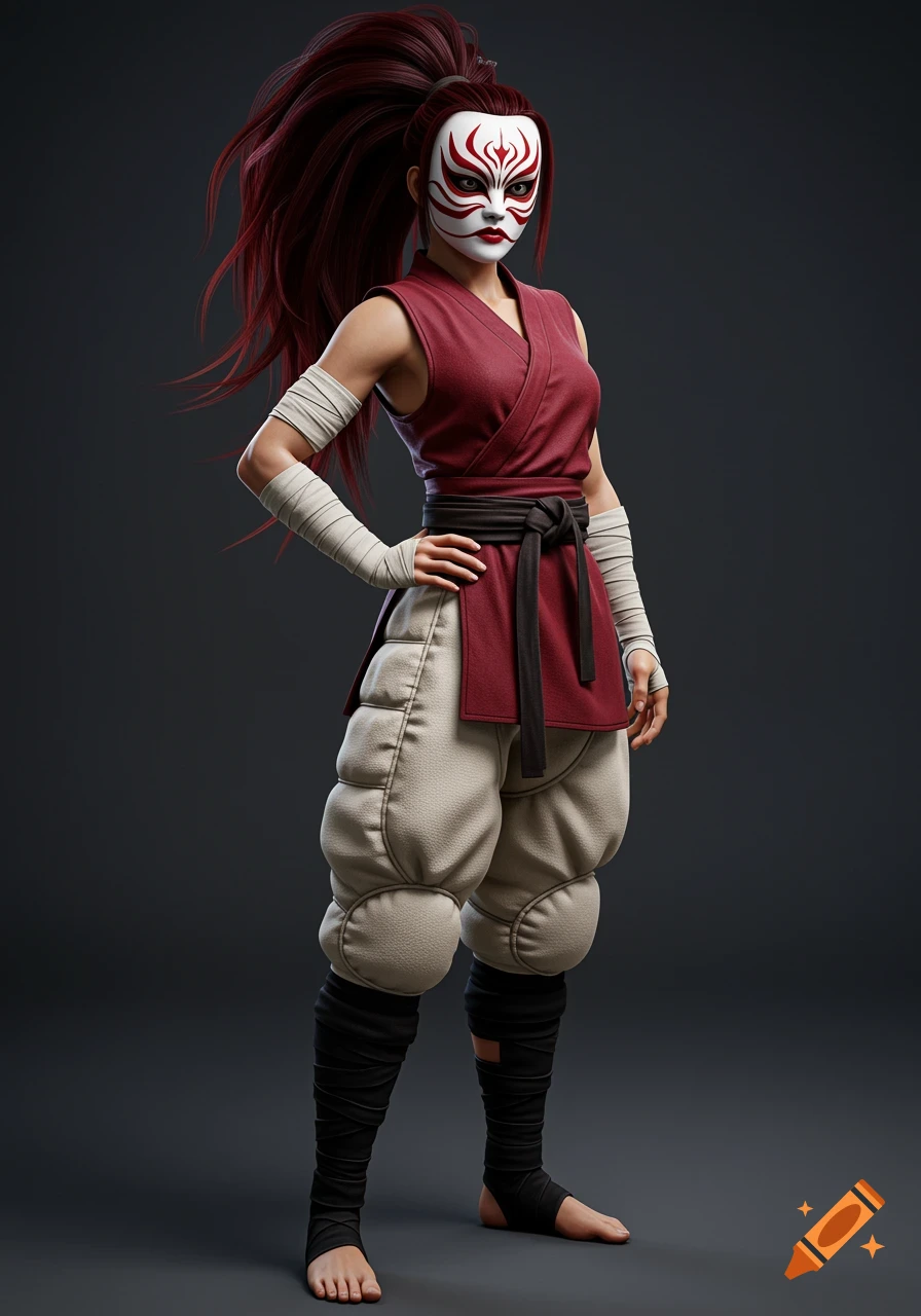 A photorealistic female warrior with long red hair, wearing a white mask with red and black markings, a crimson tunic, and padded pants, stands confidently with one hand on her hip.
