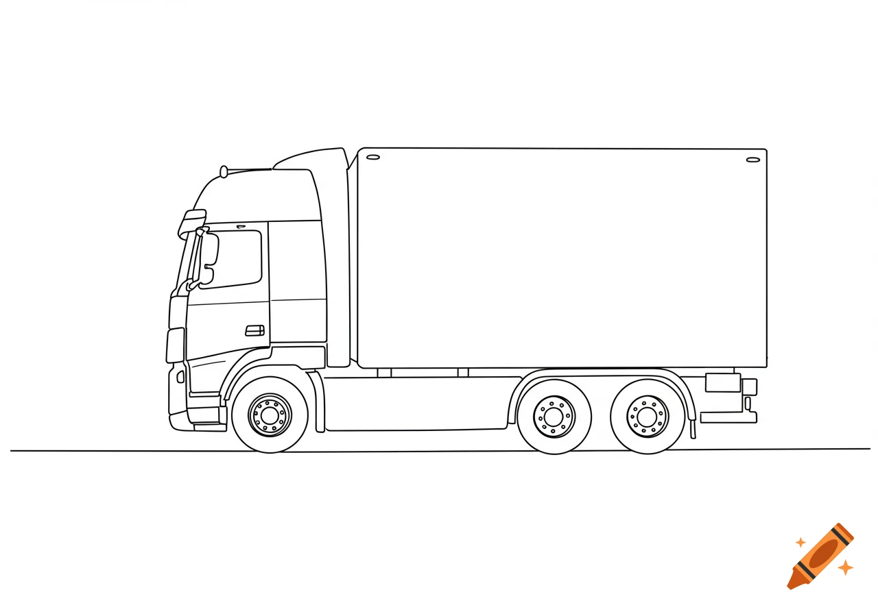 A simple black and white line art drawing of a semi-truck in side profile.