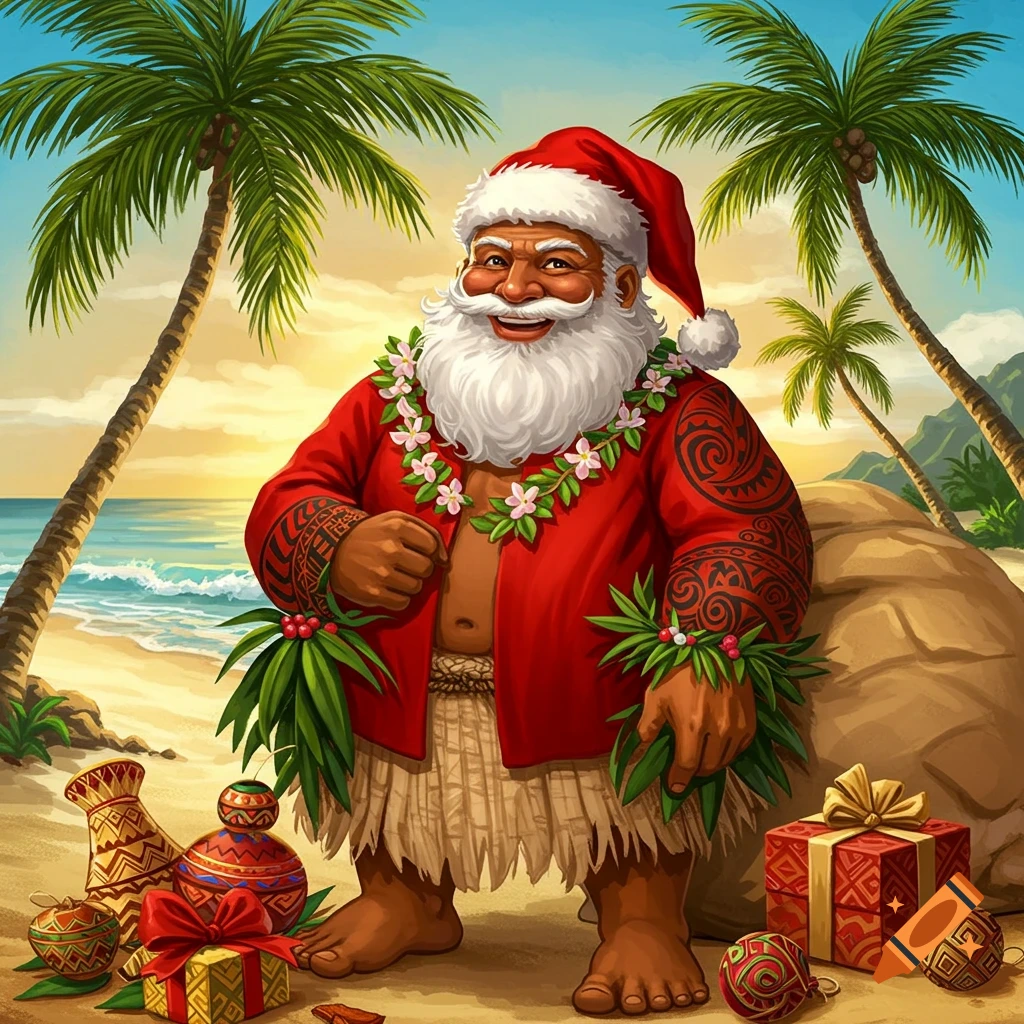 A drawing of a smiling Polynesian Santa on a beach with palm trees, wearing a red jacket, floral lei, and a hula skirt, with gifts.