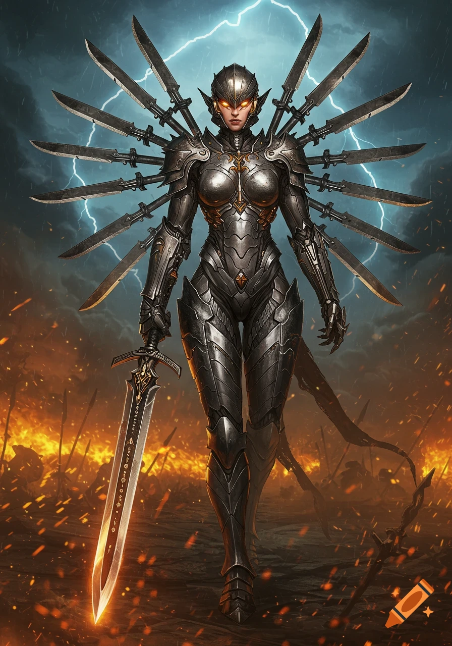 A female warrior in dark, futuristic armor with blades on her back stands on a fiery battlefield under a stormy sky, holding a glowing sword.