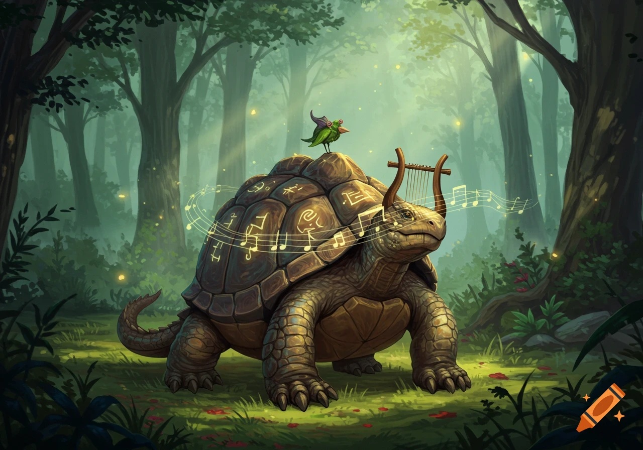 A large, ancient-looking turtle with a harp on its head and a small bird on its shell, emitting musical notes in a glowing forest.