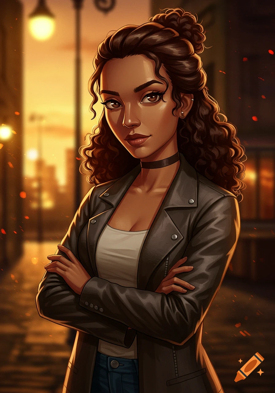 A cartoon-style portrait of a woman with curly brown hair and a black choker, standing with crossed arms in an urban setting at sunset.