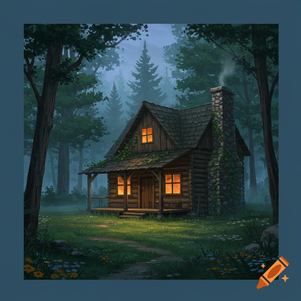 A cozy wooden cabin with glowing windows nestled in a dark, misty forest at dusk, with a pathway leading to it.