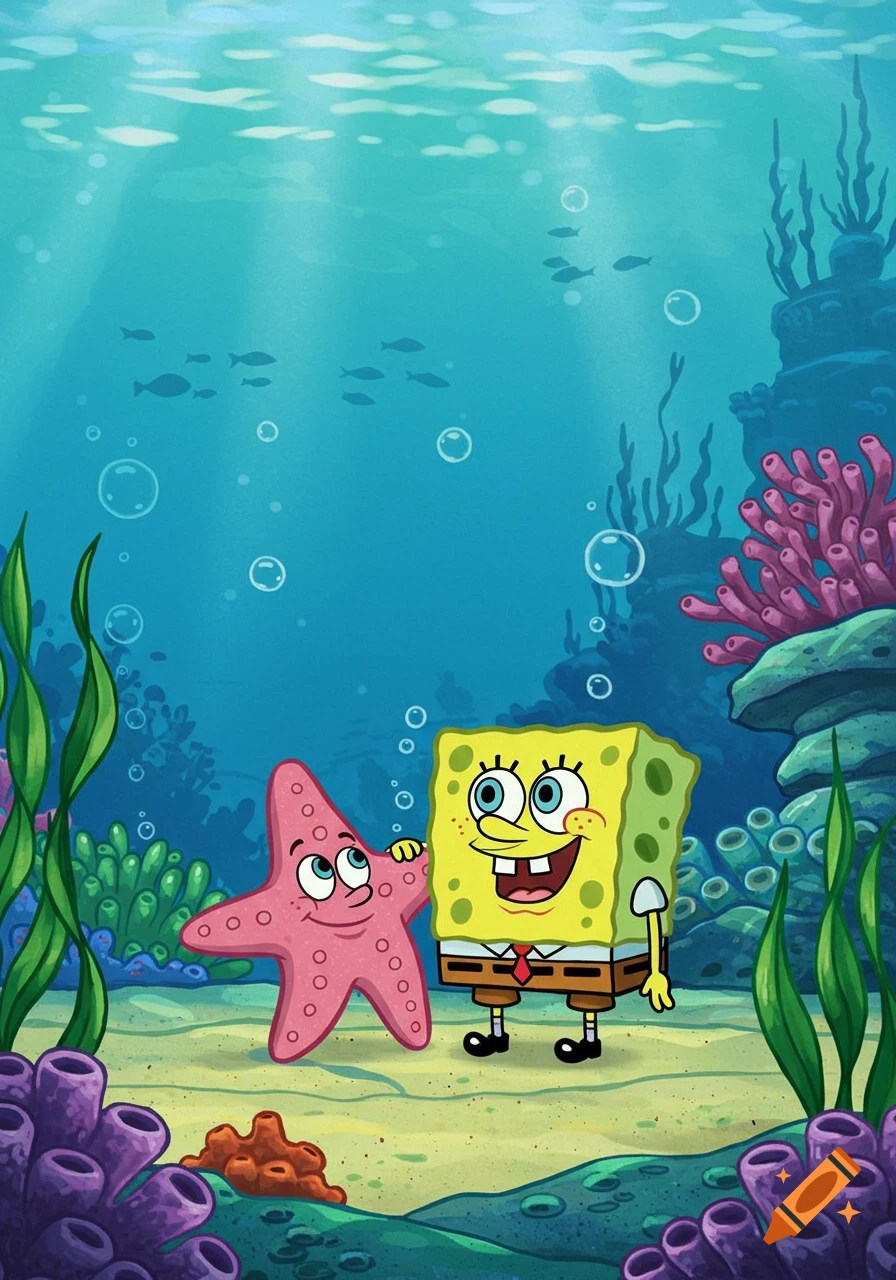Spongebob Squarepants and Patrick Star underwater, smiling together amidst colorful coral and plants.