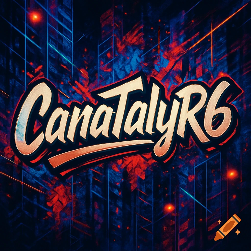 Stylized text 'CanaTalyR6' in orange and cream on a dark abstract background with blue grid lines and red splatters.