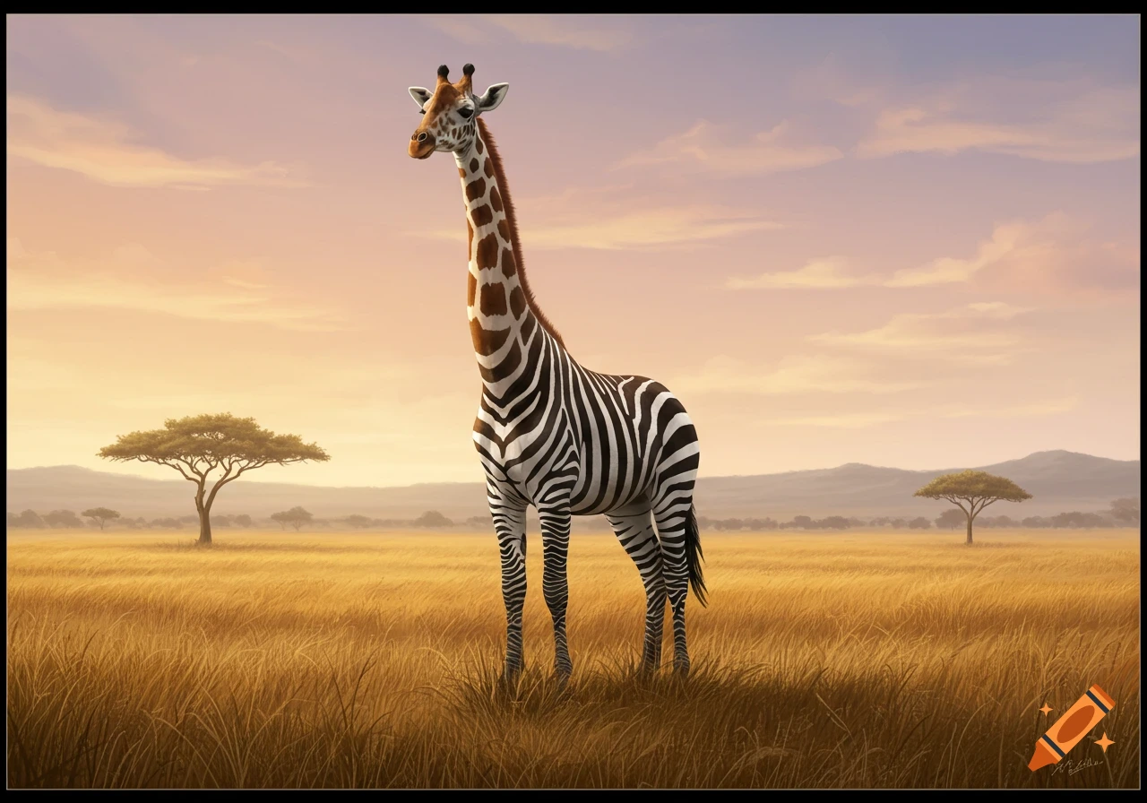 A unique giraffe-zebra hybrid stands in a golden savanna field under a pastel sky at sunset.
