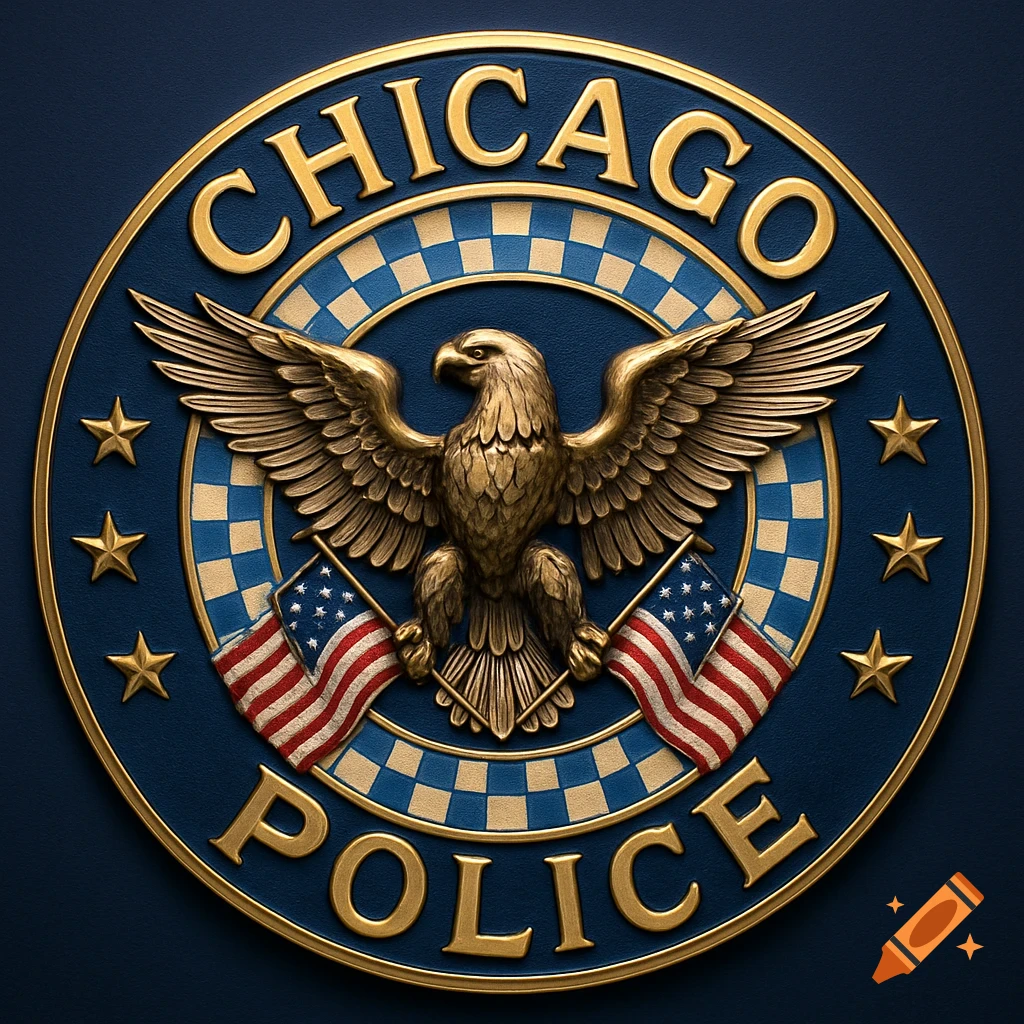 Circular gold and blue emblem with a golden eagle, two American flags, and the words "CHICAGO POLICE" in gold.