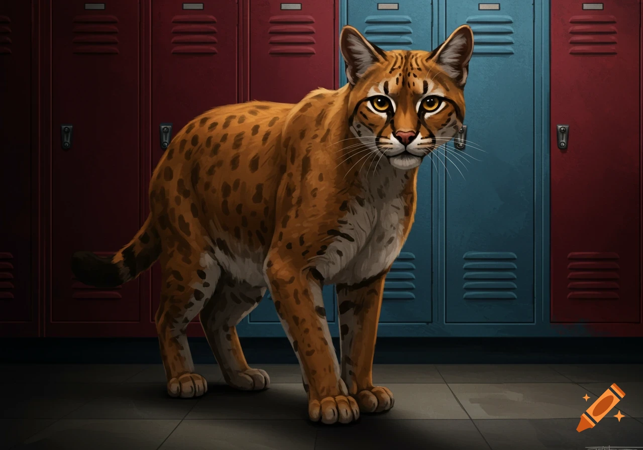 A wildcat with spotted fur stands in a school hallway in front of red and blue lockers.