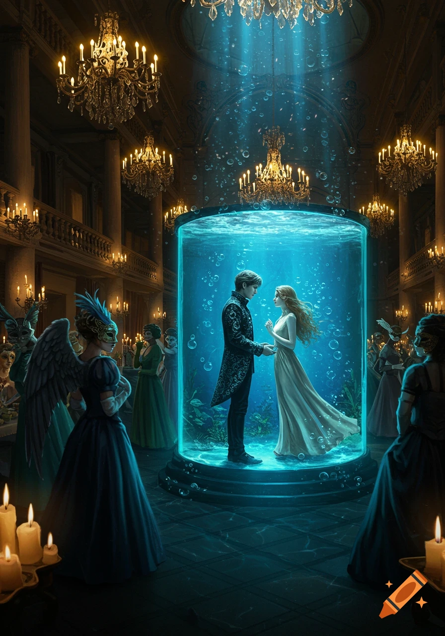 A couple in a glowing fish tank at a grand masquerade ball, surrounded by chandeliers and costumed guests.