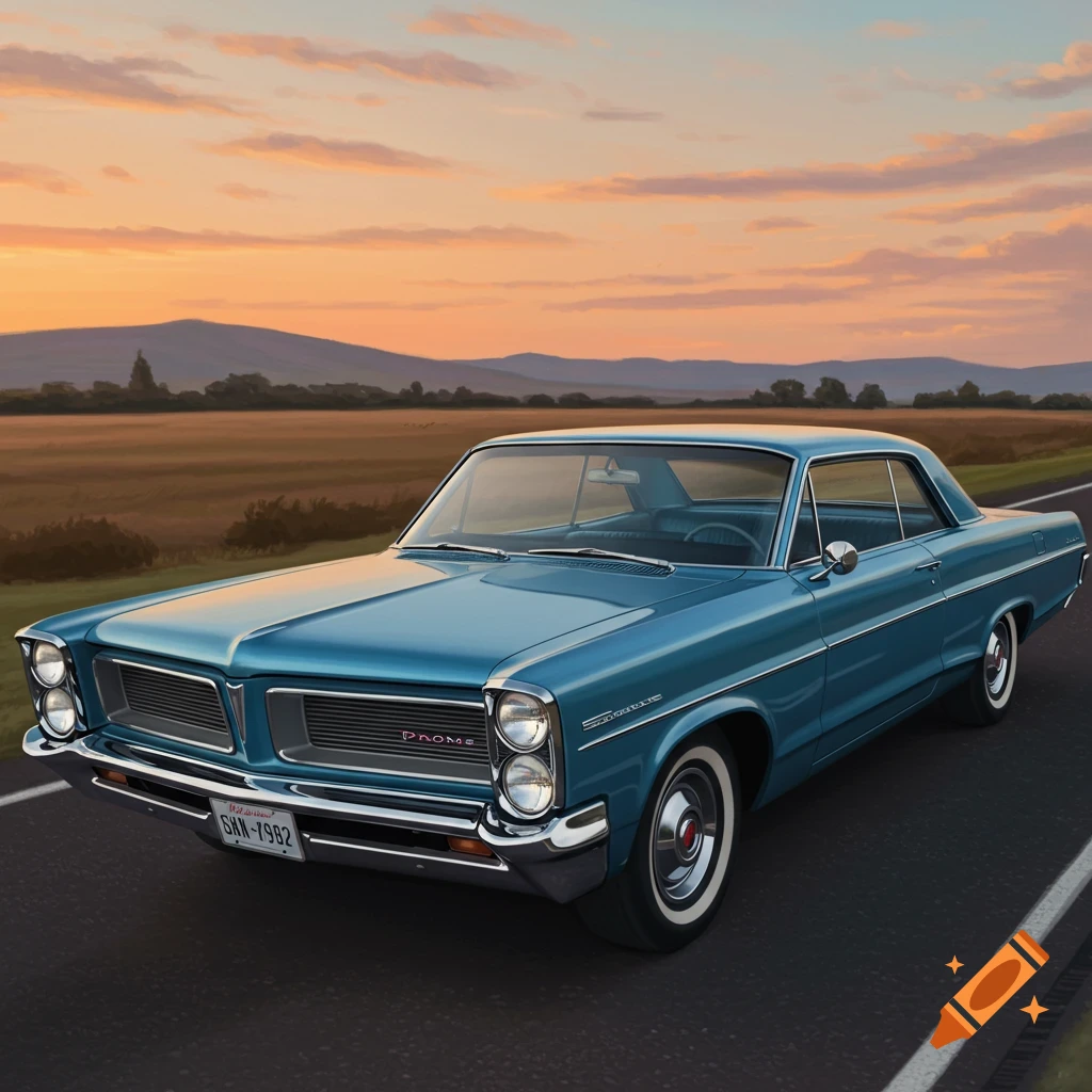 A vintage blue Pontiac car drives on a road through a field at sunset, with mountains in the background. Photorealistic style.