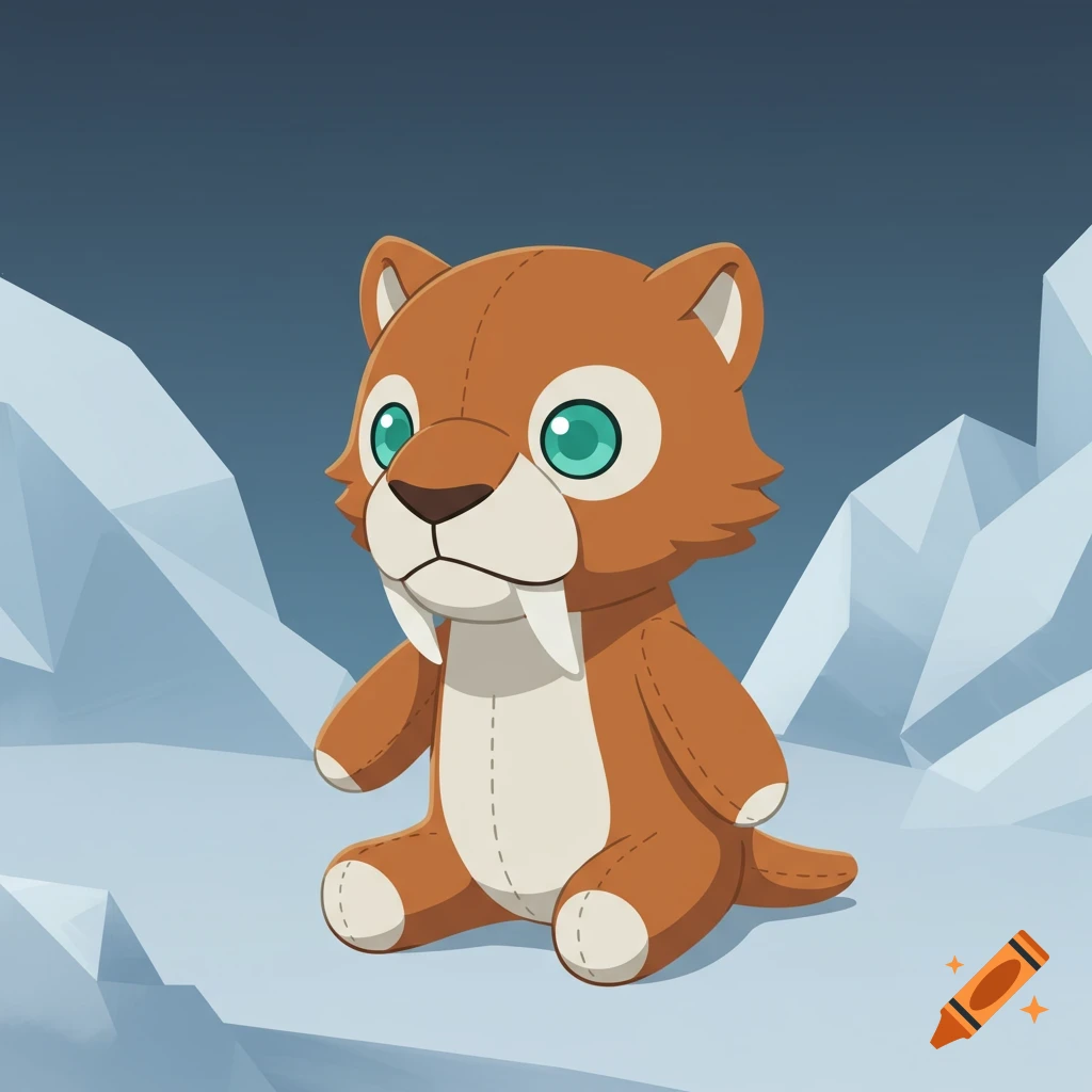 A cute brown sabertooth tiger plush doll with green eyes sits in a minimalist icy landscape.
