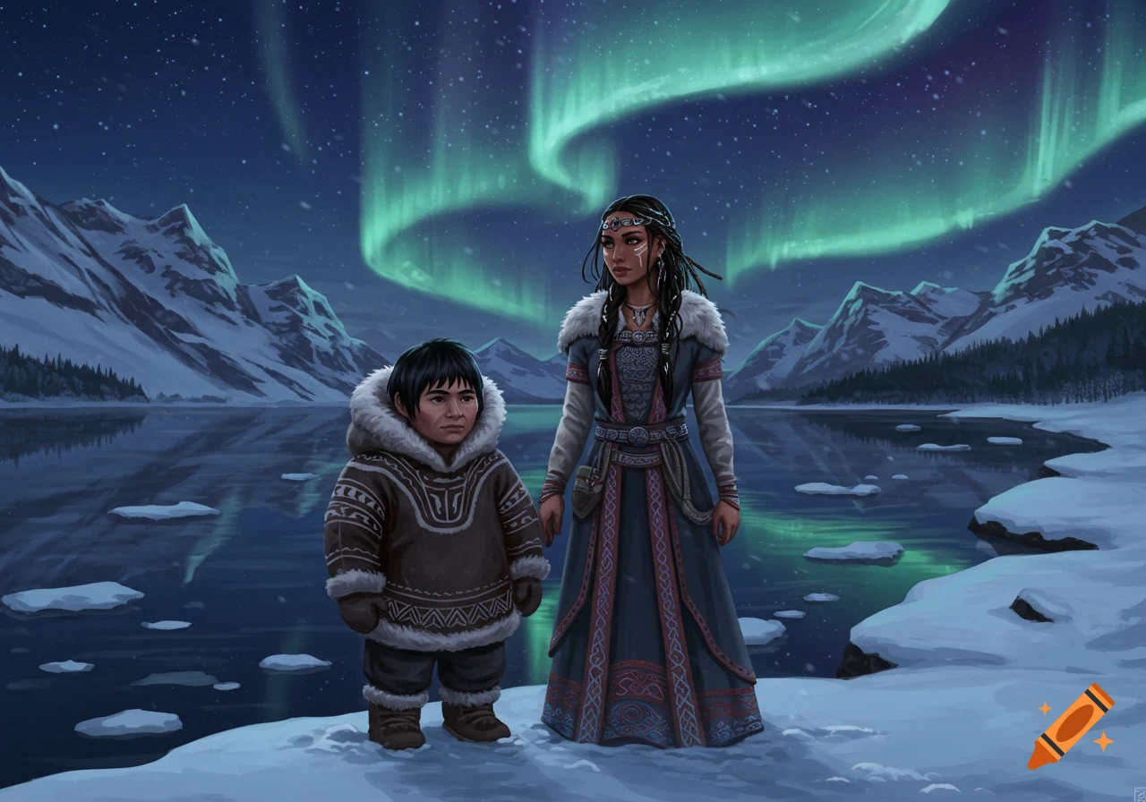 An illustrative scene of an Inuit man and a woman in traditional winter clothing standing on snow by a lake with mountains and the aurora borealis in the sky.
