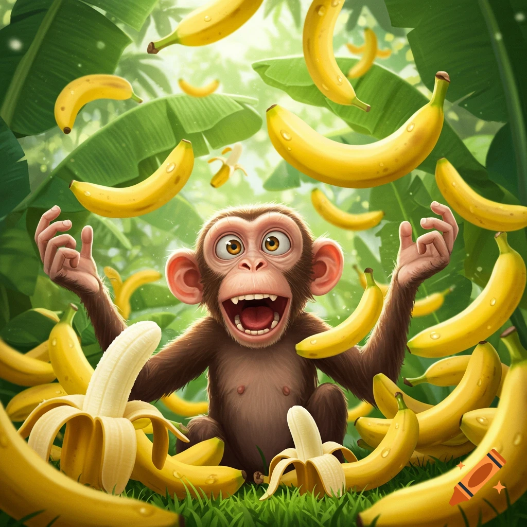 A cartoon monkey excitedly reaches up as many bananas fall around it in a vibrant green jungle setting.