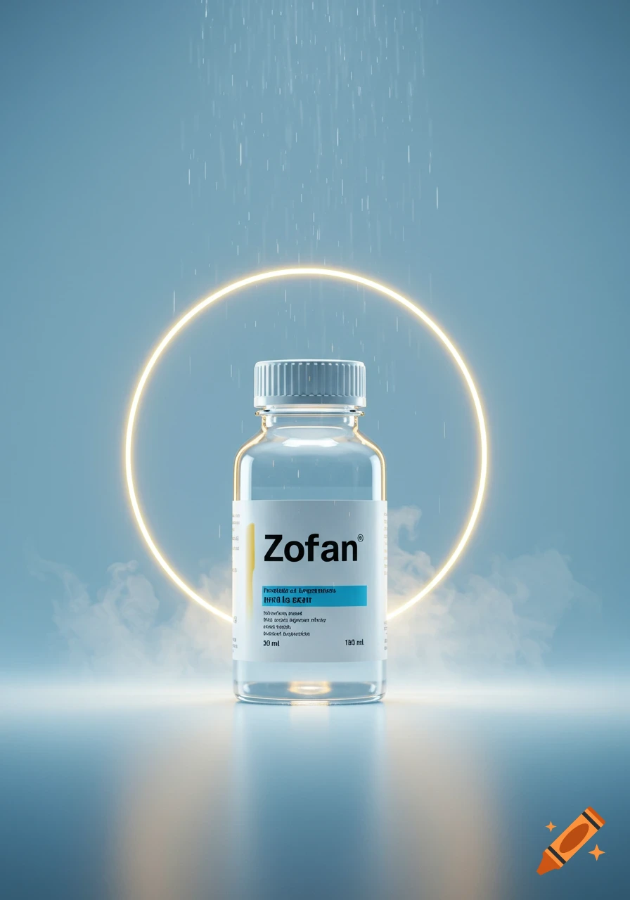 A clear glass bottle labeled "Zofan" with a glowing yellow halo behind it, and light rain falling onto a misty surface against a light blue background.