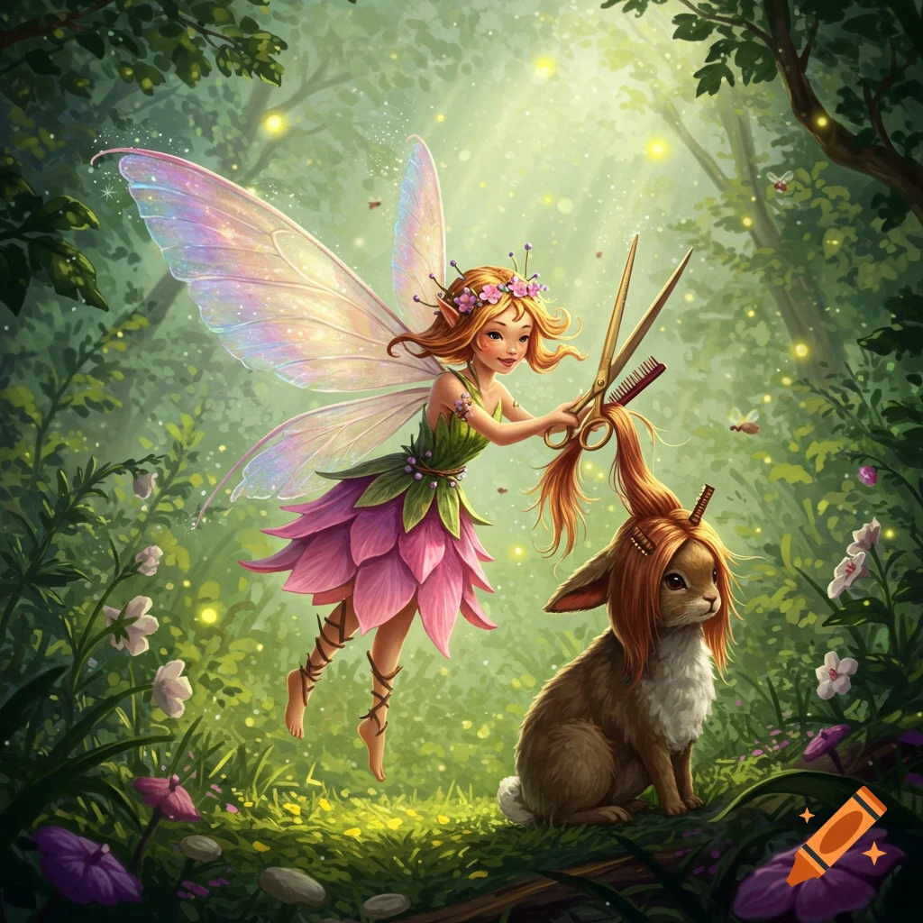 A whimsical illustration of a fairy with large wings giving a haircut to a rabbit in a vibrant, enchanted forest.