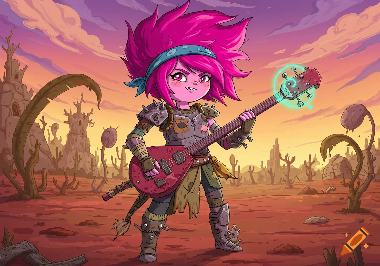 A pink-haired cartoon girl dressed as a post-apocalyptic raider plays a red guitar in a desert landscape, in the style of Adventure Time.