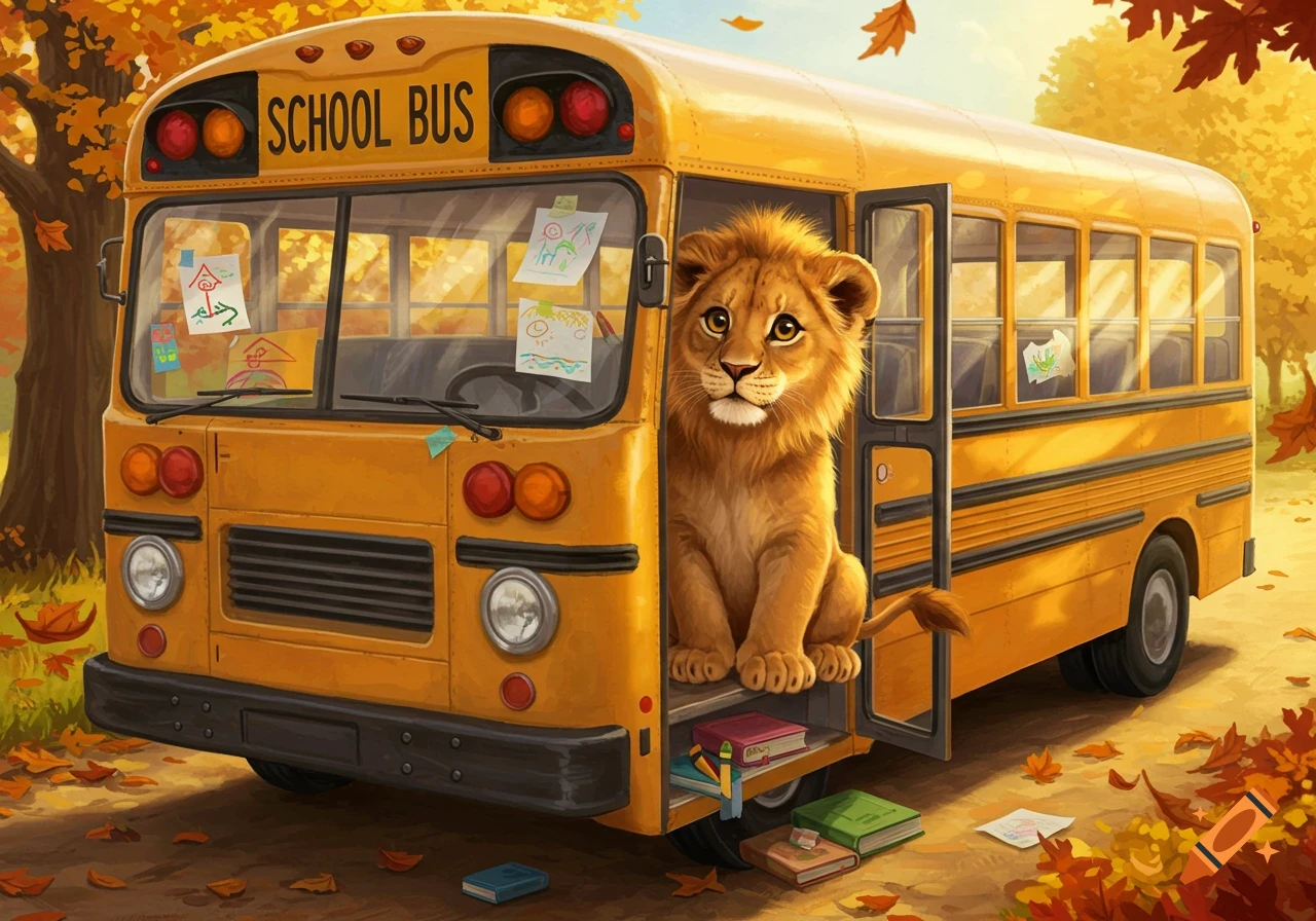 A cute lion cub sits in the open door of a yellow school bus amidst autumn leaves and trees in an illustrative style.