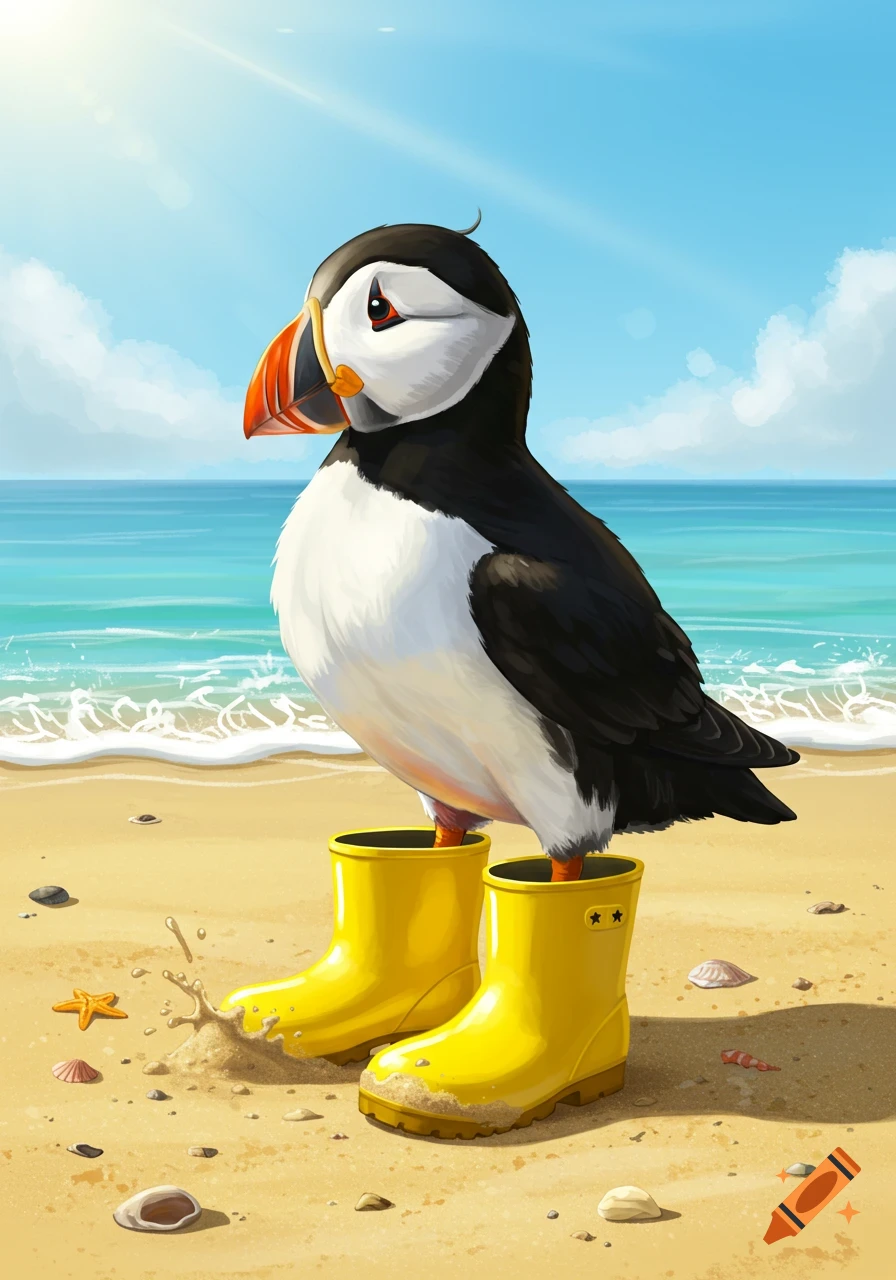 A cartoon puffin wearing yellow boots stands on a sandy beach with the ocean behind it under a sunny sky, with sand and water around its boots.