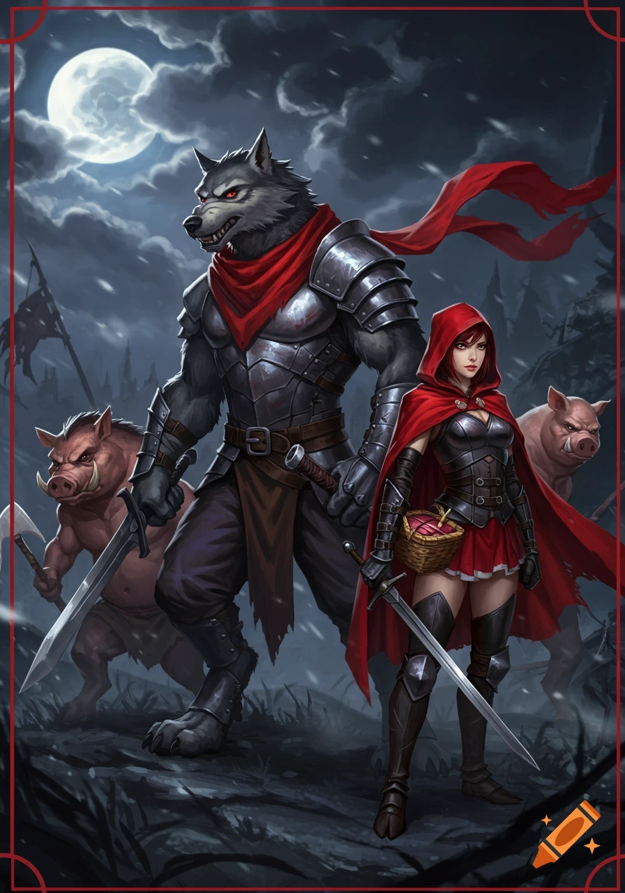 An anthropomorphic armored wolf warrior and a female warrior in red cape and black armor stand with two pig warriors in a dark, snowy fantasy landscape under a full moon. They carry swords.