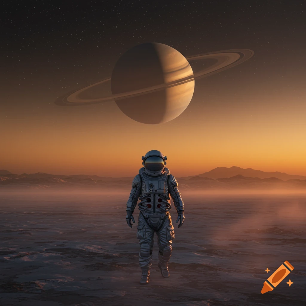 A photorealistic image of an astronaut walking on a barren moon surface at sunset, with a large ringed planet visible in the sky.