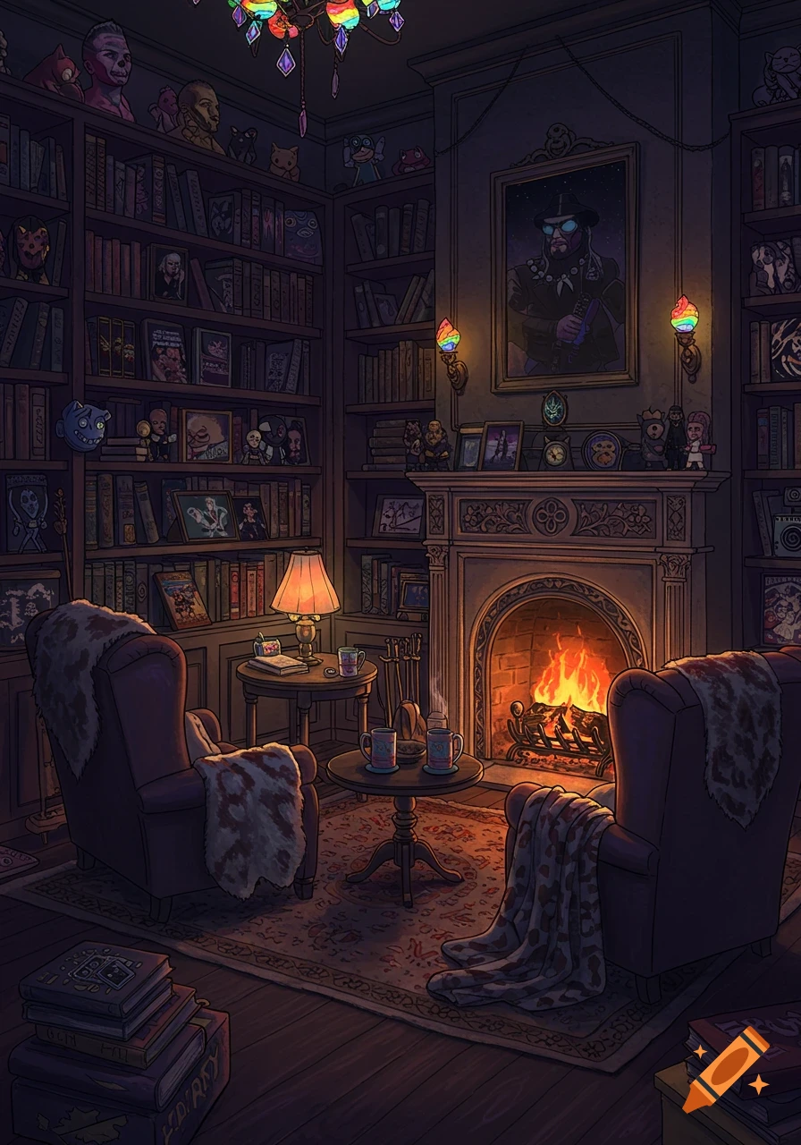 A cozy, dark home library with floor-to-ceiling bookshelves, two armchairs with furry blankets by a fireplace, and a lamp-lit table.