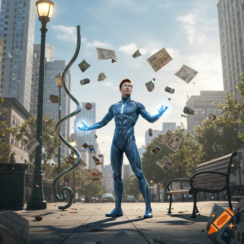 A superhero in a blue suit with glowing hands stands on a city sidewalk, levitating trash and newspapers around him.