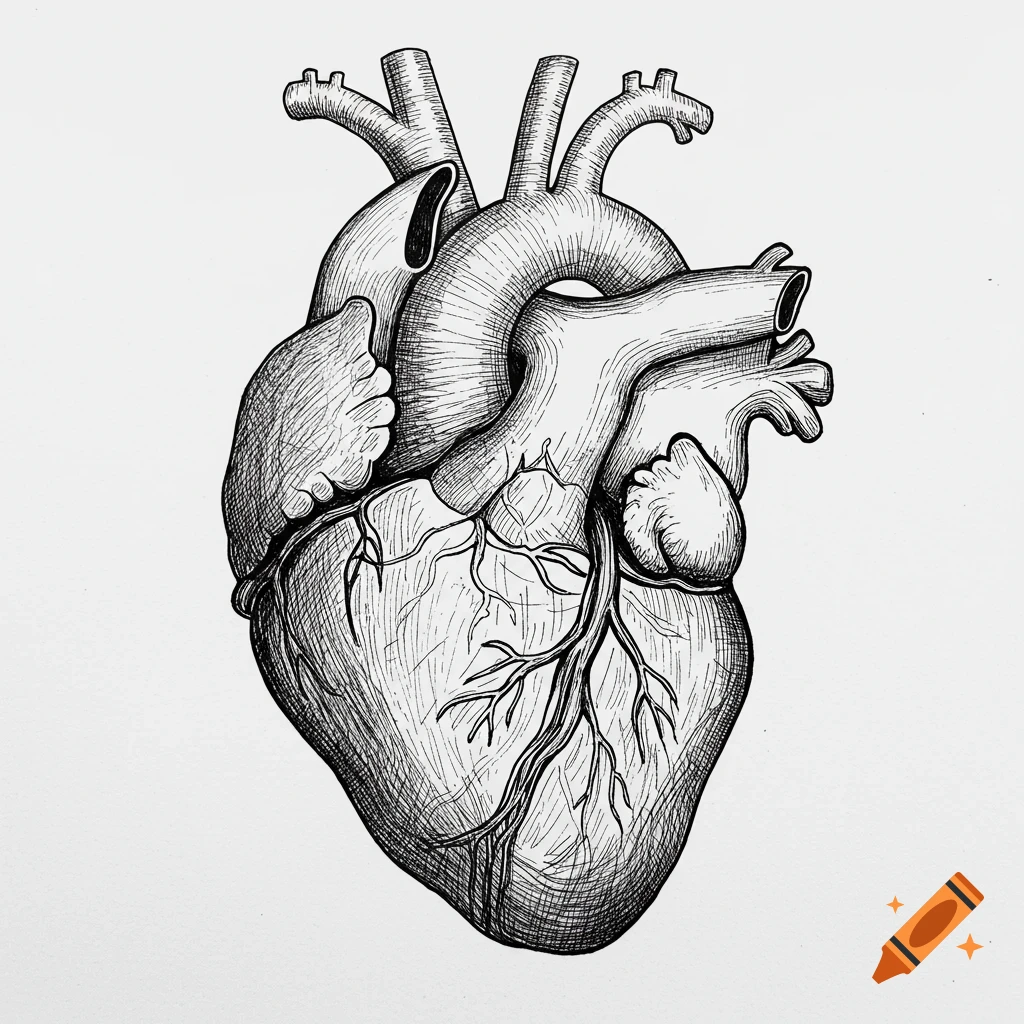 A detailed pen and ink drawing of a human heart on a white background.
