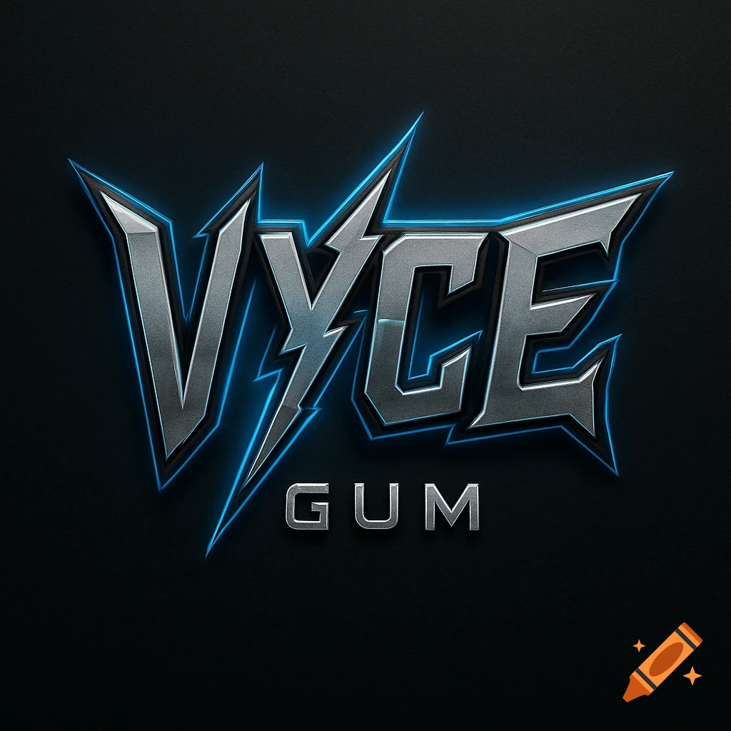 Metallic silver and blue 'VYCE GUM' logo with a lightning bolt in the Y, on a black background.