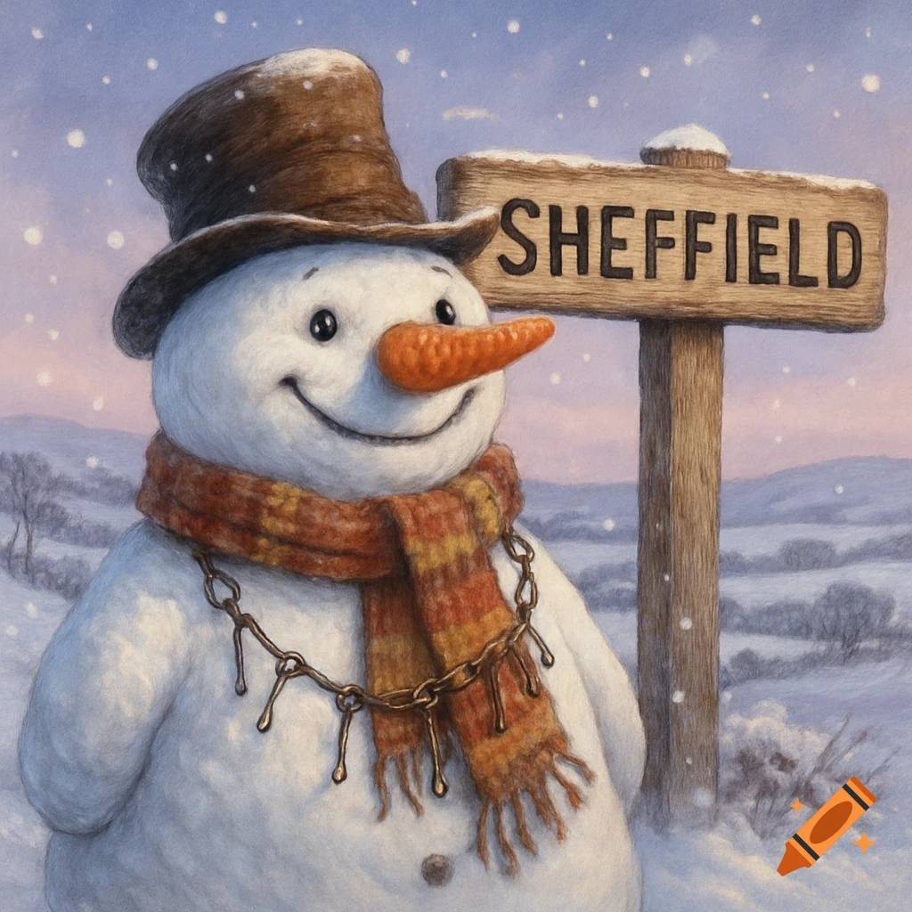 A smiling snowman wearing a brown top hat, a red and gold striped scarf, and a metal chain necklace stands beside a wooden sign with "SHEFFIELD" carved into it, amidst a snowy landscape with falling snow.