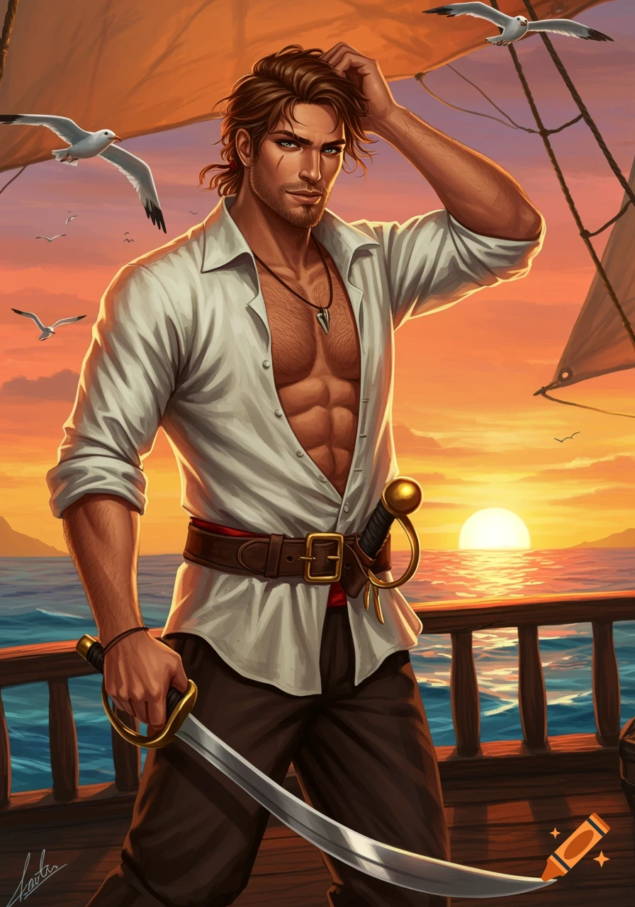 Illustrated muscular pirate with an open white shirt on a ship deck at sunset, holding a sword, with seagulls flying.