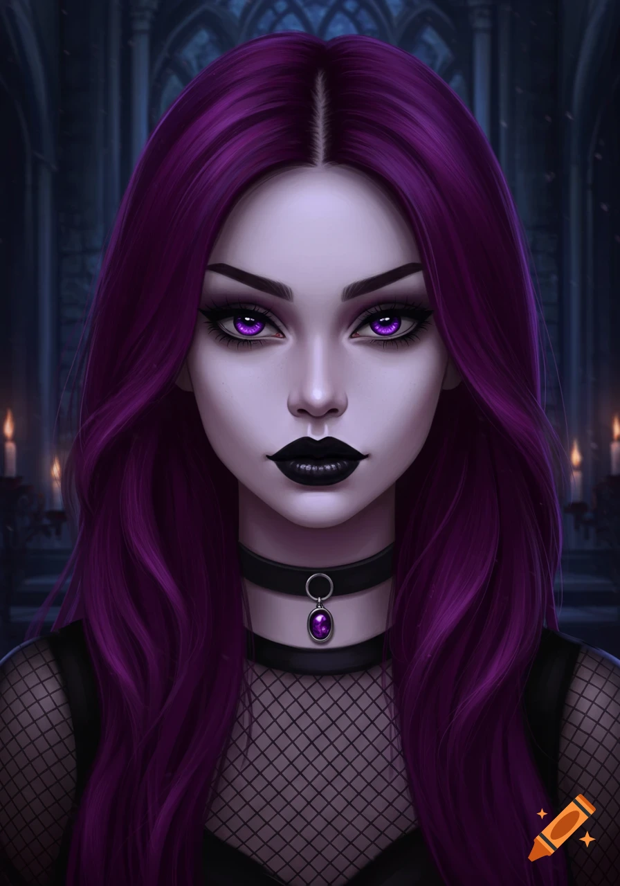 Digital art portrait of a goth girl with long purple hair, purple eyes, black lipstick, a choker, and a fishnet shirt.