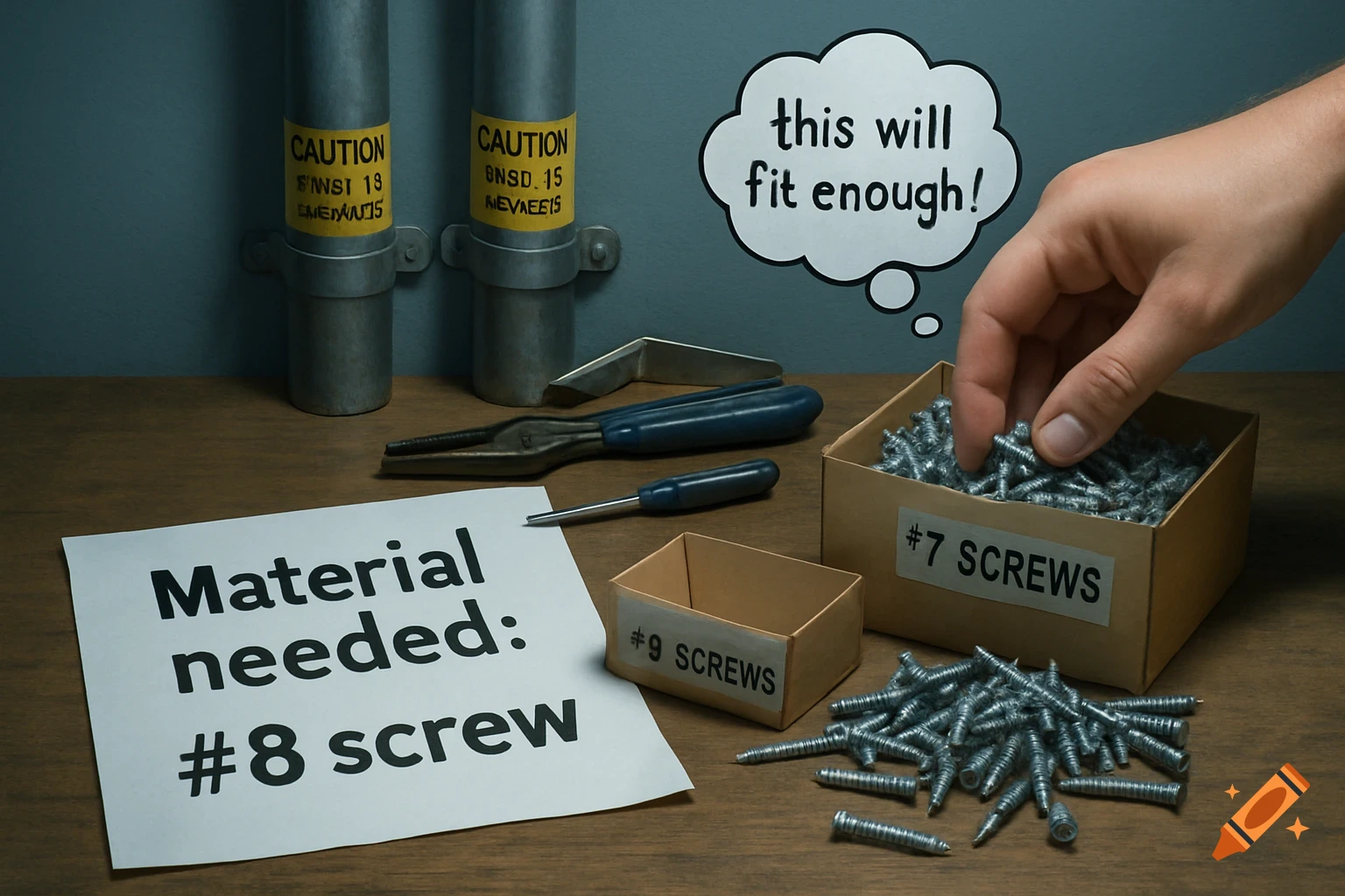 A piece of paper states 'Material needed: #8 screw.' A hand reaches into a box of '#7 SCREWS,' next to an empty box labeled '#9 SCREWS.' Two pipes with garbled 'CAUTION' labels are in the background, and a thought bubble says 'this will fit enough!'