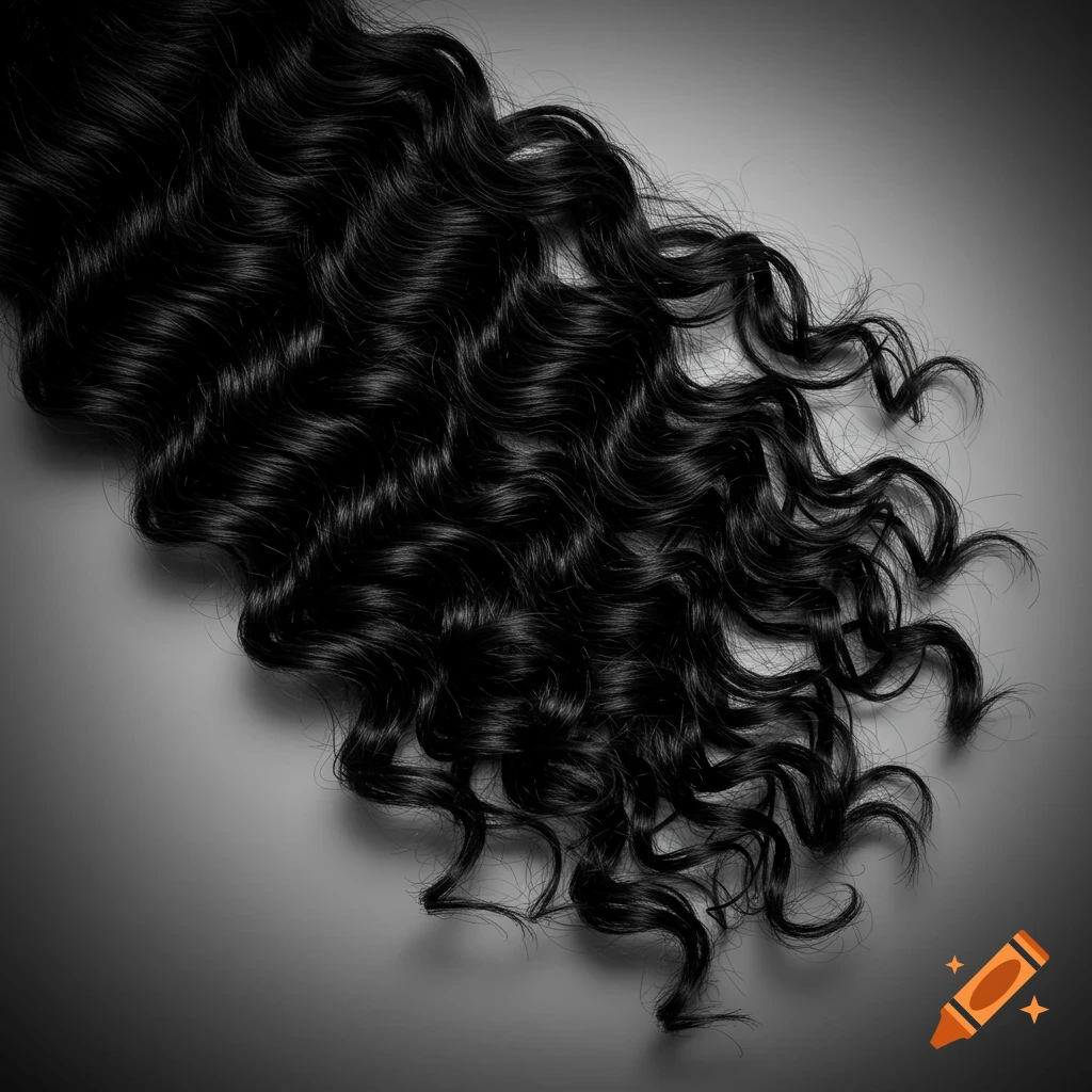 Close-up of shiny, long, dark curly hair flowing downwards on a dark grey background in black and white.