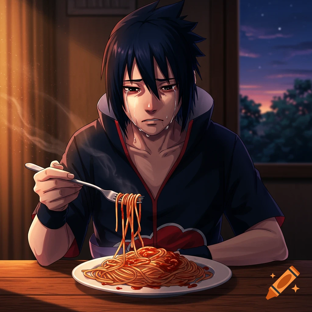 Anime character Sasuke Uchiha, with black spiky hair, cries while eating a plate of spaghetti with marinara sauce at a wooden table, at sunset.