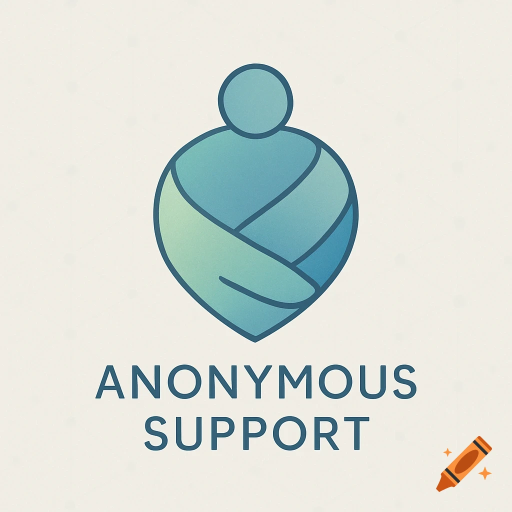 A logo with a stylized abstract figure in blue and green, resembling two embracing figures forming a heart, above the words ANONYMOUS SUPPORT.