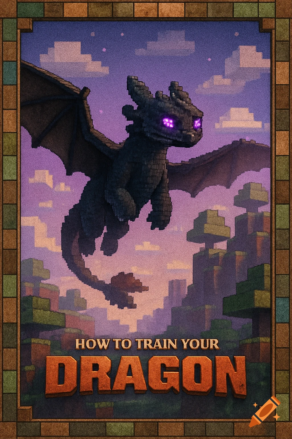 A Minecraft-themed movie poster of Toothless flying over a blocky landscape at sunset, with the title 'HOW TO TRAIN YOUR DRAGON'.