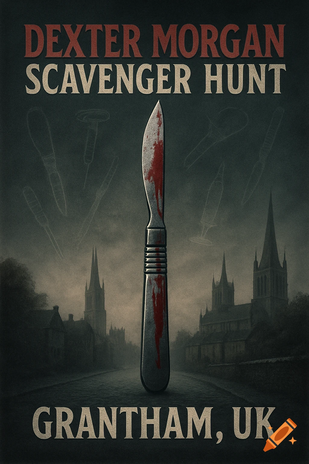 Dark poster with a bloody scalpel against a gloomy gothic town. Text reads 'Dexter Morgan Scavenger Hunt' and 'Grantham, UK'.