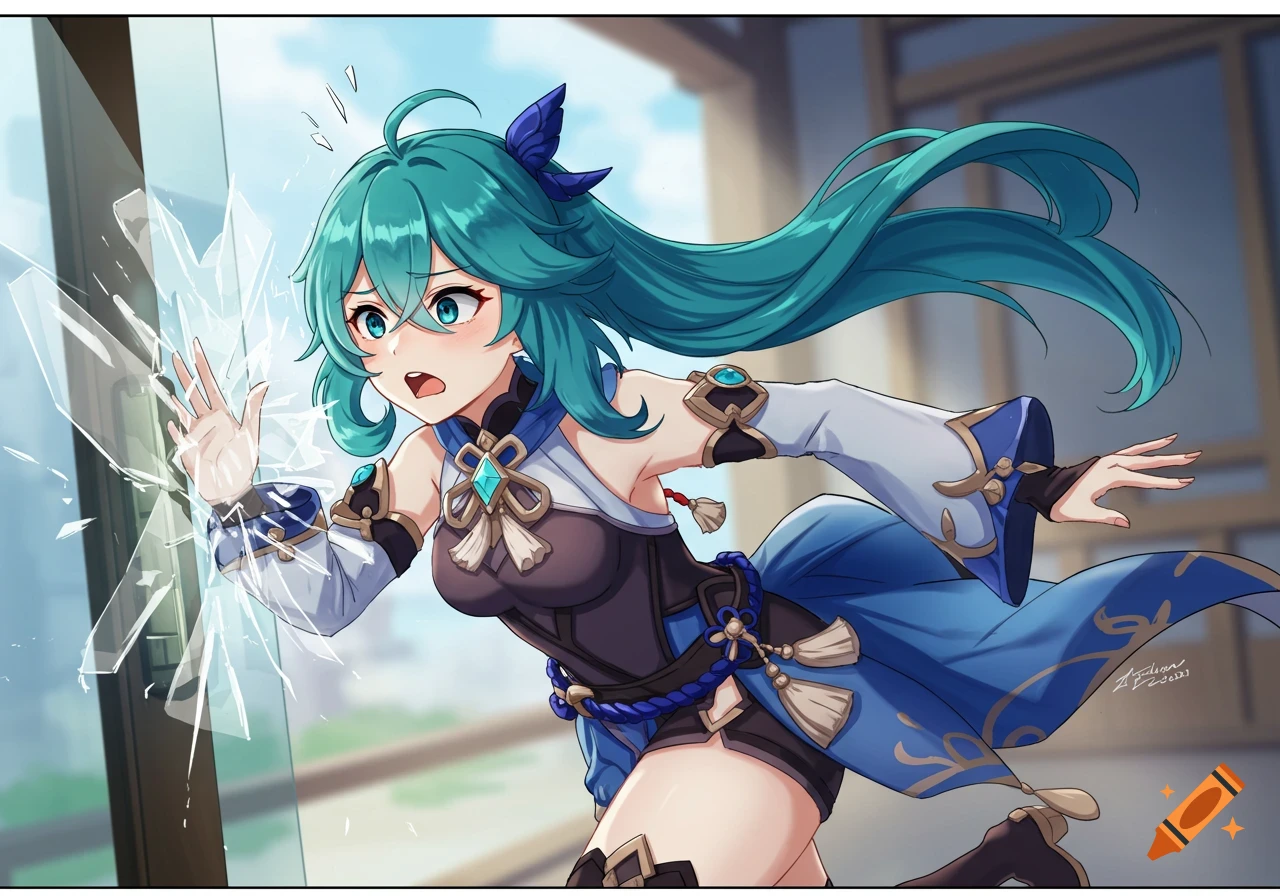 Anime character with teal hair and blue outfit running face-first into a shattering glass door, looking shocked.