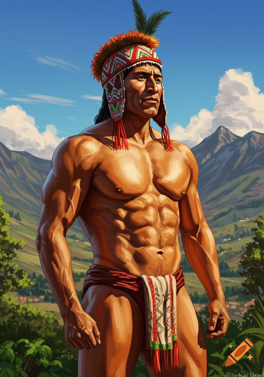 An illustration of a muscular Bolivian man in traditional feathered headwear and loincloth, standing in a mountainous landscape.