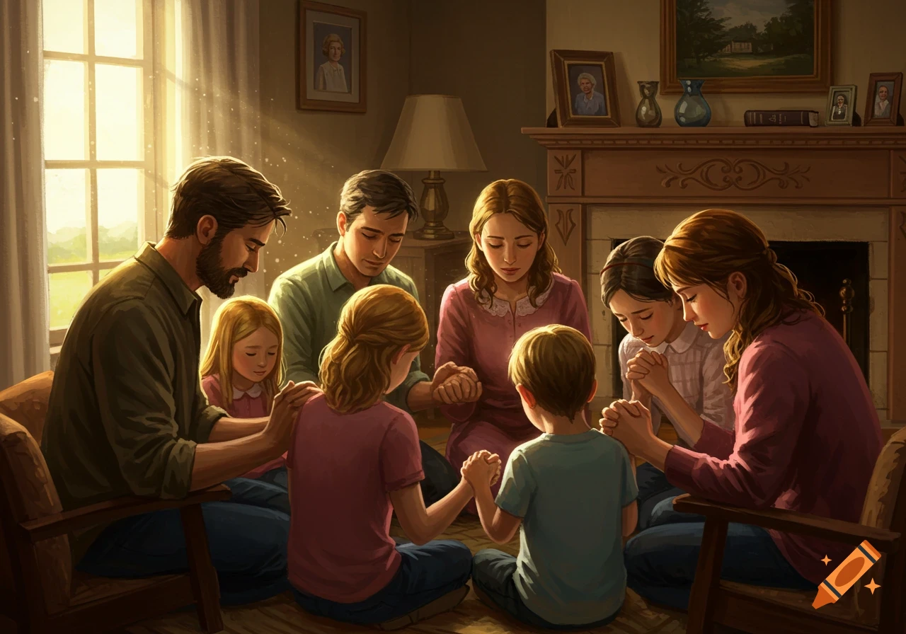 A family, including adults and children, praying together in a circle in a warm, sunlit living room.