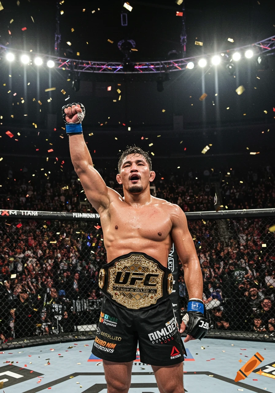 Photorealistic image of a victorious MMA fighter in an octagon cage, holding his arm up with a championship belt.
