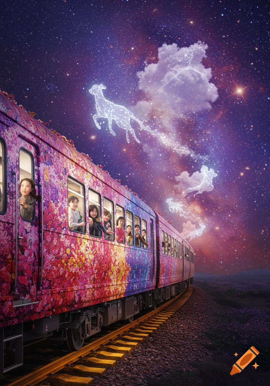 A vibrant, flower-covered train carries children through a starry purple night sky, where glowing ethereal animal constellations drift.