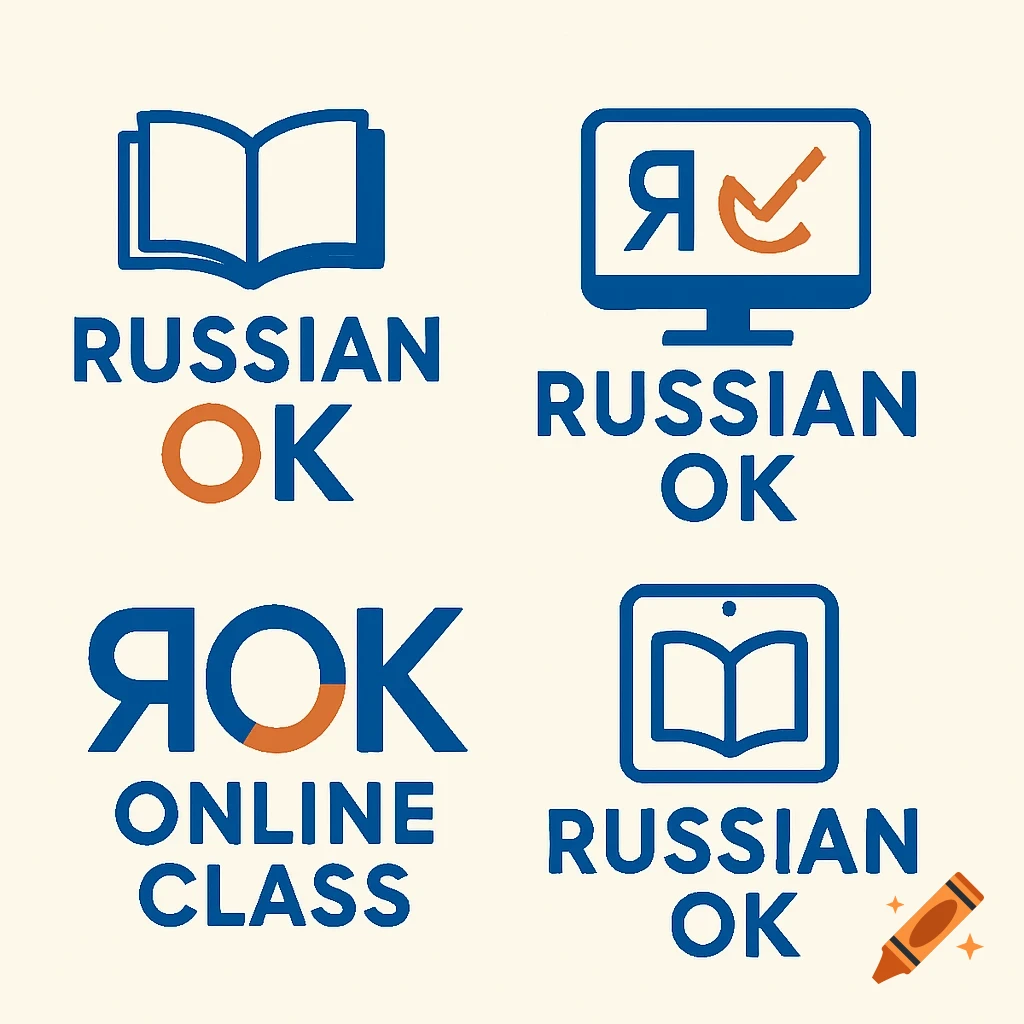 Four distinct logos for 'Russian OK' and 'ROK Online Class' in blue and orange, featuring icons of books and a computer monitor.