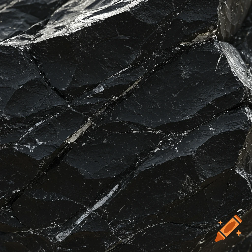 A close-up of a dark, jagged rock surface with visible cracks and some light reflections.