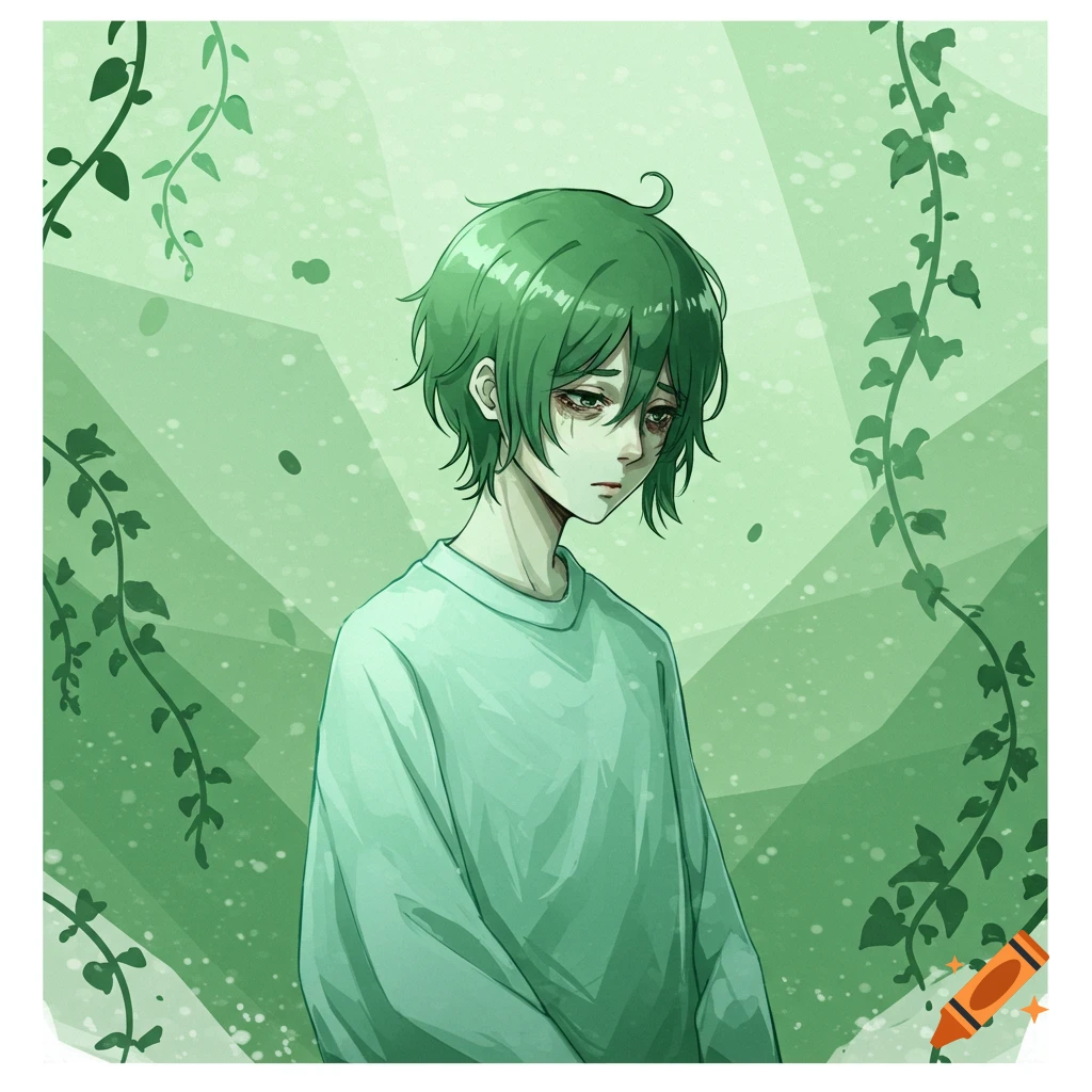 Anime character with green hair looking sad amidst green vines in a minimalist style.