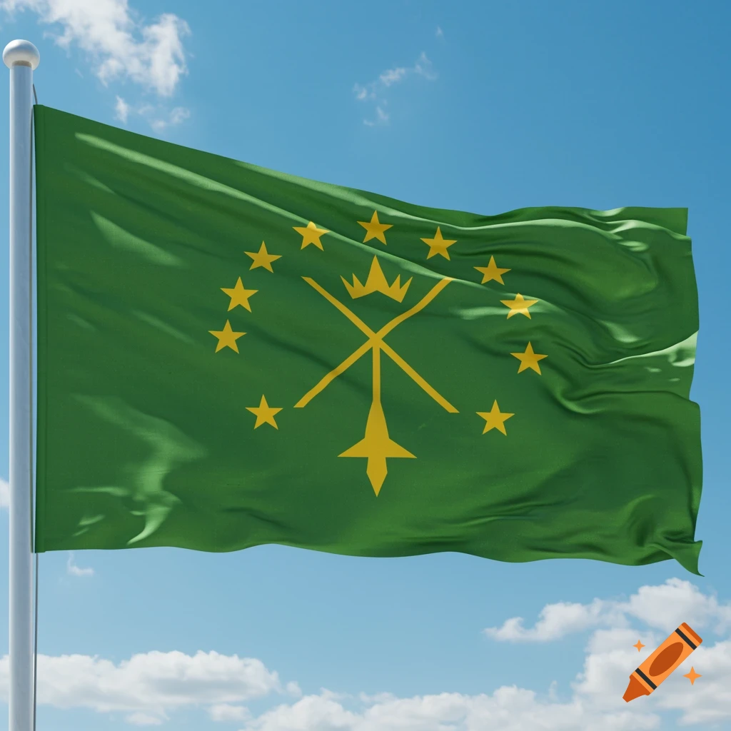 Adygea flag flying against a blue sky with clouds, featuring a green field with twelve gold stars and a central emblem.